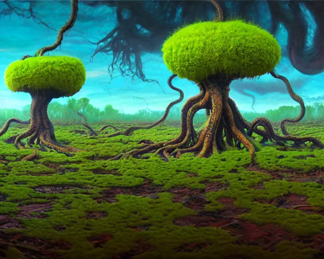 Prompt: A surreal swampy landscape with tall tentacular roots rising out of the ground like an alien planet, no vegetation except for small plants, wide-angle lens effect, creeper, low-poly, cinematic. 16k render. Impressionist painting style. Matte painting, hyperrealistic, photorealism, detailed. HDR lighting. Widescreen format, HDR. Film grain. Wide screen format, HDR.