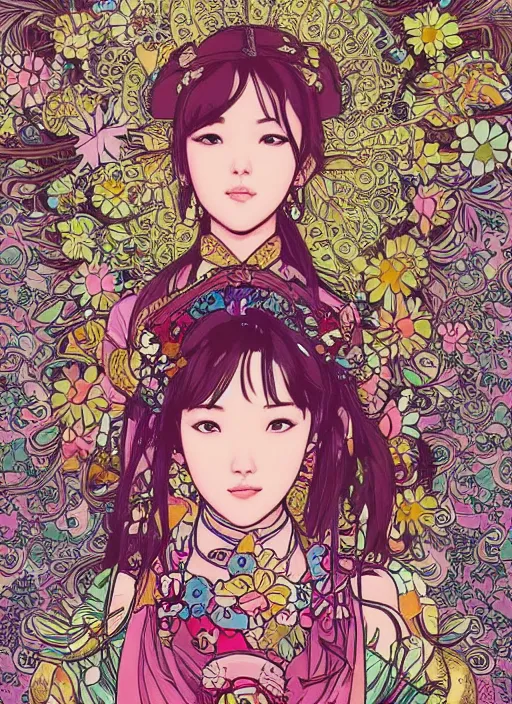 Image similar to beautiful lisa blackpink cyborg portrait girl female illustration detailed patterns art of thai traditional dress, flower pop art, floral splash painting, art by geof darrow, ashley wood, alphonse mucha, makoto shinkai