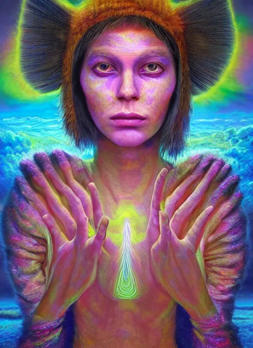 Image similar to portrait ultra dimensional enlightened cult girl shaman, tripping on dmt salvia, psychedelic experience, ascending through the fifth dimension moving at the speed of light and sitting still, ultra high definition, unreal engine 5, hyperrealism, masterpiece composition, by peter kemp, casey weldon, barclay shaw