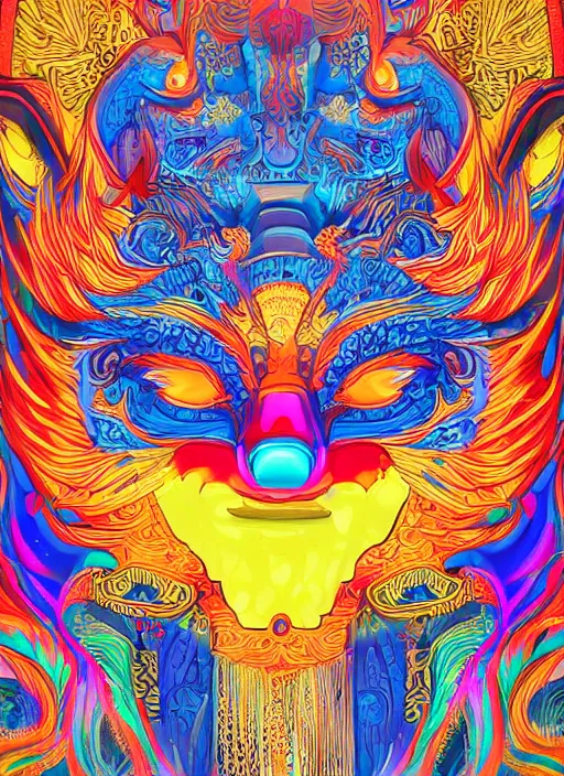 Image similar to detailed illustration of a kitsune mask, sacred feeling, bright colors, extremely detailed, digital art, studio lighting, psychedelic atmosphere