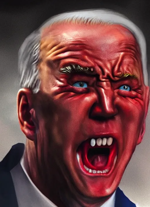 Image similar to hyper realistic photo Doom angry wrathful furious glowing red eyes biden