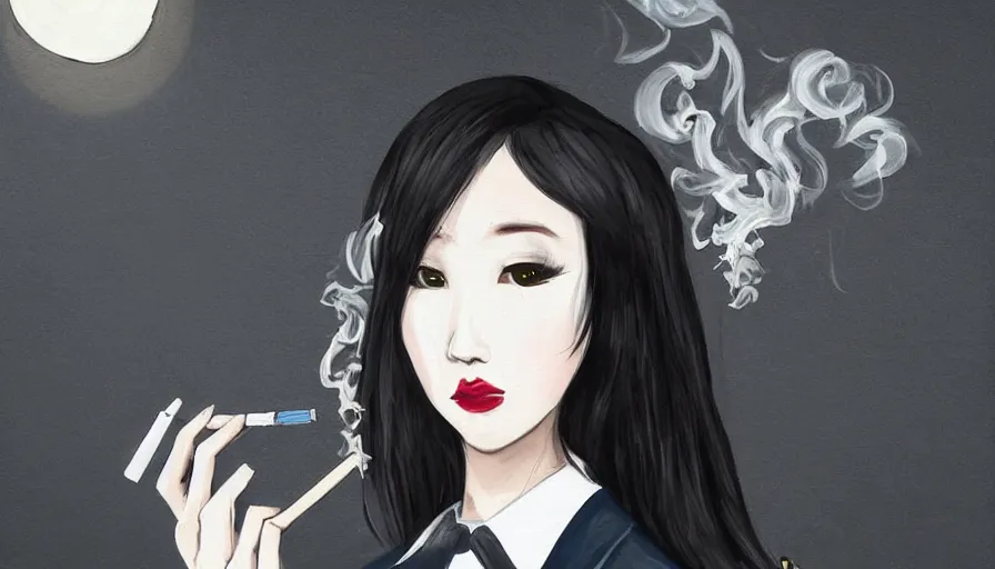 Image similar to a beautiful woman smoking, wearing a suit, street at night, asian, long black hair, hand - painted, guweiz style