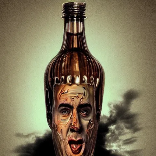 Prompt: Drinking from bottle Nicolas Cage in liquid form, Surrealism, Surreal drawing, Digital art, from artstation, art by Salvador Dali