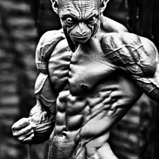 Image similar to Gollum is a jacked muscle builder gigachad, grayscale photography