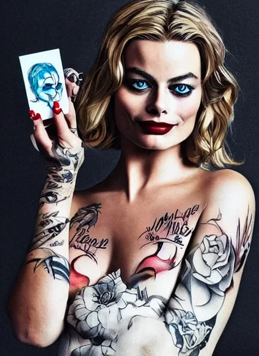 Image similar to beautiful margot robbie with joker makeup tattoo design, holding an ace card, black and white, realism tattoo, hyper realistic, highly detailed