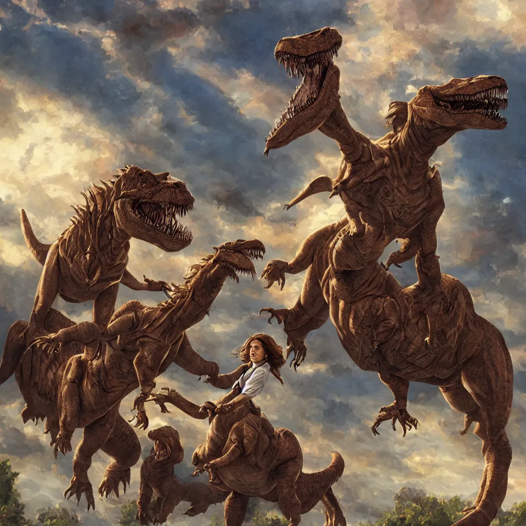 Prompt: hermione granger riding a t - rex, liberty leading the people style, painting