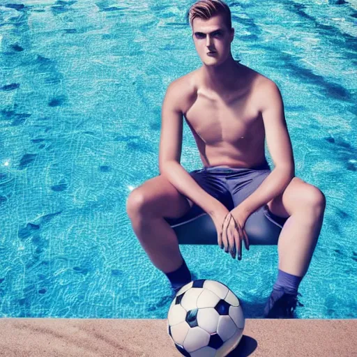 Image similar to a realistic detailed photo of a guy who is an attractive humanoid who is half robot and half humanoid, who is a male android, soccer player matthijs de ligt, shiny skin, posing like a statue, blank stare, by the pool, on display