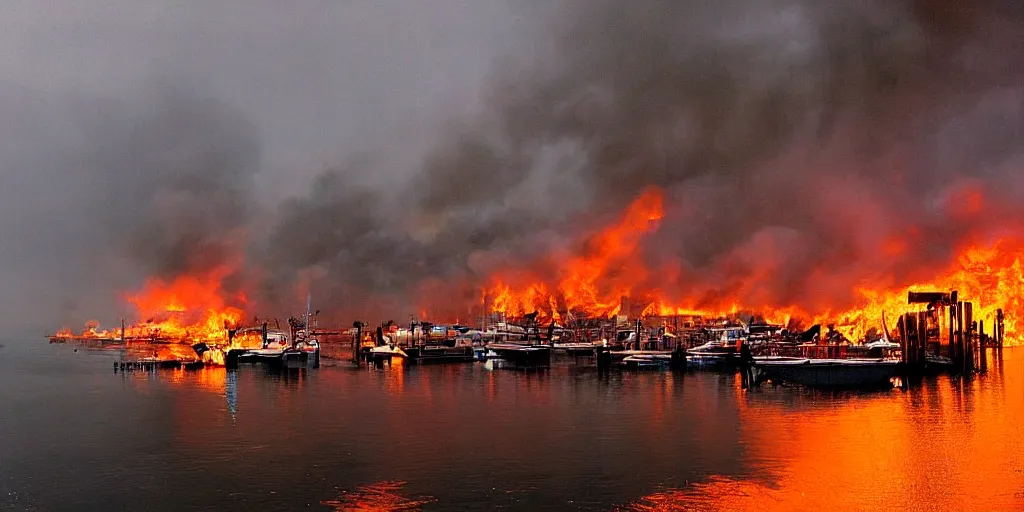 Prompt: boat harbor on fire by david burton
