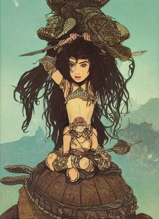 Image similar to portrait of a little warrior girl character sitting on top of a giant armored turtle in the desert, epic character with dark skin and beautiful green eyes. the girl has a very beautiful detailed symmetrical face, long black hair. the turtle has a big wise face and closed eyes, diffuse night light, dramatic landscape, fantasy illustration by mucha