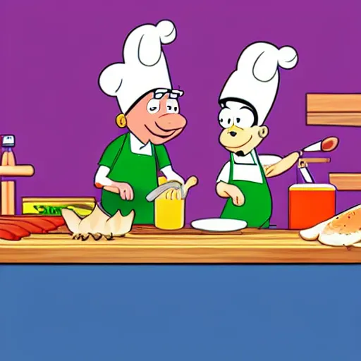 Image similar to cartoon characters, rick and porky cooking a brisket, cell animation