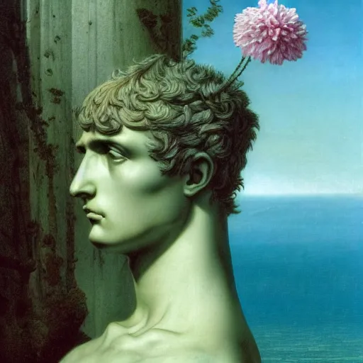 Image similar to Caspar David Friedrich, award winning masterpiece with incredible details, Caspar David Friedrich, a surreal vaporwave vaporwave vaporwave vaporwave vaporwave painting by Caspar David Friedrich of an old pink mannequin head with flowers growing out, sinking underwater, highly detailed Caspar David Friedrich