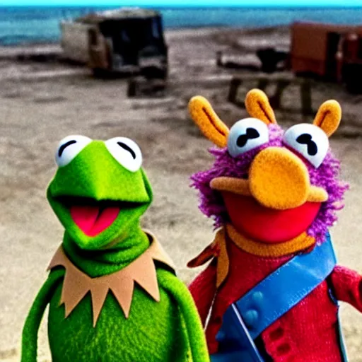 Prompt: screenshot of the muppets beach landing in world war 2 movie saving private muppets d-day W 1024