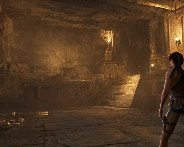 Image similar to screenshot of tomb raider uncharted indiana jones game ps 5, an ancient undiscovered egyptian treasure room entirely made of shiny gold walls, chest full of ingots and gems and precious, concept art, architecture design, pyramids style, rtx, nvidia, renderer, stunning graphics