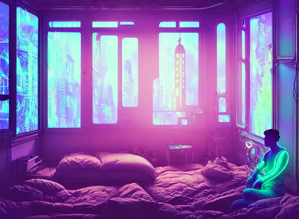 Prompt: telephoto photograph depicting the experience of acceptance in a cosy cluttered french sci - fi ( art nouveau ) cyberpunk apartment in a pastel dreamstate art cinema style. ( iridescent terrarium!, computer screens, window ( city ), leds, lamp, ( ( ( terrarium bed ) ) ) ), ambient light.