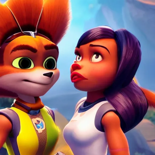 Prompt: kyla pratt kisses ratchet on the cheek in the ratchet and clank universe