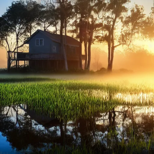 Prompt: a swamp house made of organic plants, sunrise, misty