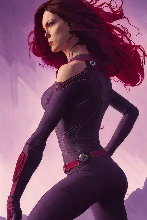 Image similar to gta scarlet witch as aeon flux profile picture by greg rutkowski, dynamic pose, intricate, futuristic, fantasy, elegant, by stanley artgerm lau, greg rutkowski, thomas kindkade, alphonse mucha, loish, norman rockwell, fantasy lut, asymmetric, long hair, retro computer graphics, video game, fluid lines,