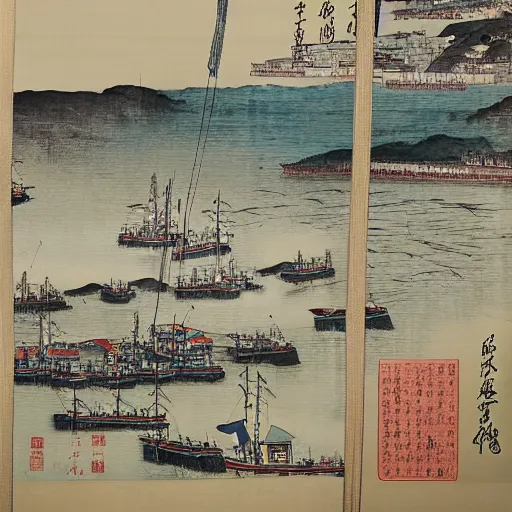 Image similar to a hanging scroll painting of a panorama of a tuna fishing port, by Ma Lin, ink and color on silk, detailed, landscape