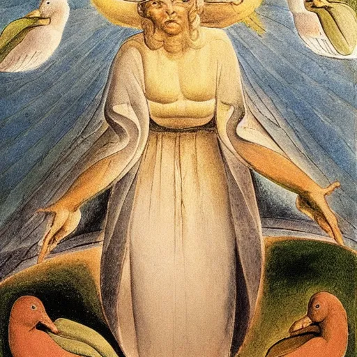 Prompt: biblical angel with ducks, terrifying, by jean deville, by william blake, oil on canvas