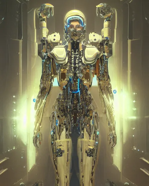 Image similar to benevolent cyborg necromancer, scifi, futuristic, helpful, kind, intelligent, alien room background, white, blue, gold, highly detailed, trending on artstation, soft light, holy machine, advanced technology, art by vitaly bulgarov and nivanh chanthara and lance wilkinson