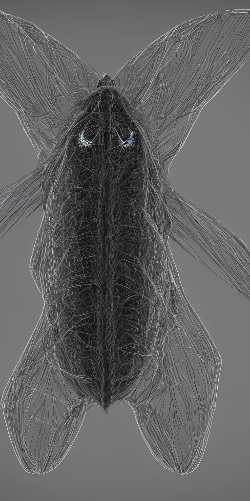 Image similar to cybernetic moth. portrait. complex shape. octane render. 8 k. soft light. dark background. monochrome. cinematic.