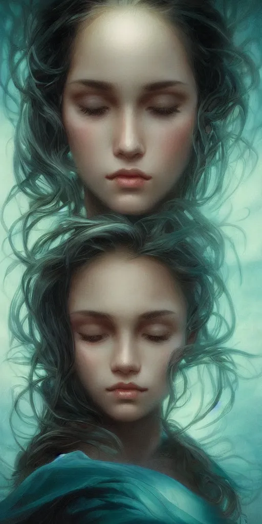 Image similar to haunting beautiful young woman, detailed photo realistic gorgeous face turning waves, dark, ominous, sad eyes, glowing hue of teal, vaporwave aesthetic, synthwave , digital painting, artstation, concept art, smooth, sharp focus, illustration, art by artgerm and greg rutkowski and alphonse mucha