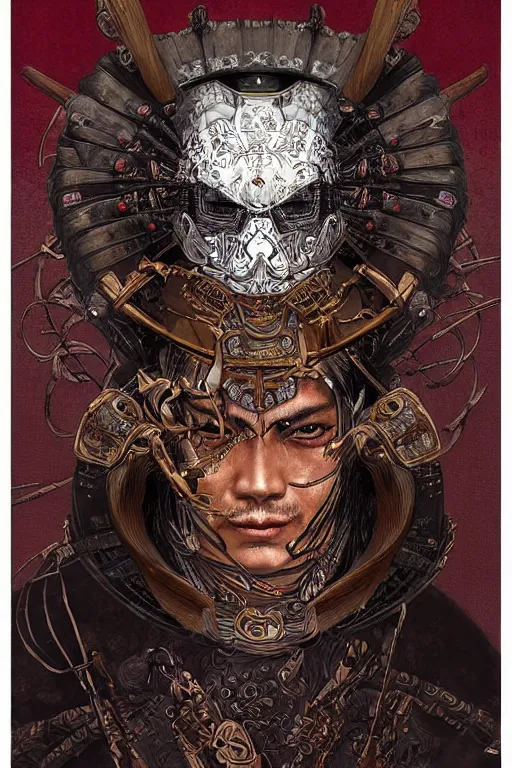 Prompt: digital face portrait painting of a male samurai warrior magus by yoshitaka amano, victo ngai, terese nielsen, samurai armour by gerald brom, in the style of dark - fantasy, intricate detail, skull motifs, red, bronze, artgerm