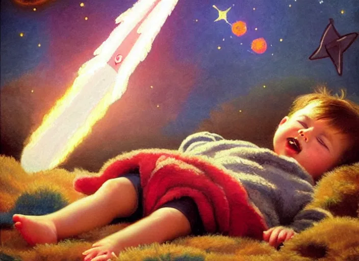 Prompt: toddler elon musk lying on a shaggy rug playing with his space rockets, oil painting, beautiful soft lighting, edouard bisson