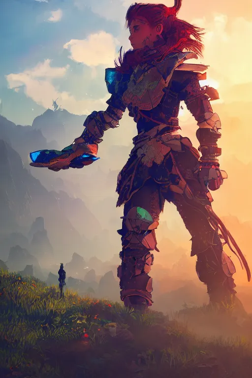 Image similar to combination suit armor aloy horizon forbidden west horizon zero dawn radiating a glowing aura global illumination ray tracing hdr fanart arstation by ian pesty and alena aenami artworks in 4 k tribal robot ninja mask helmet backpack