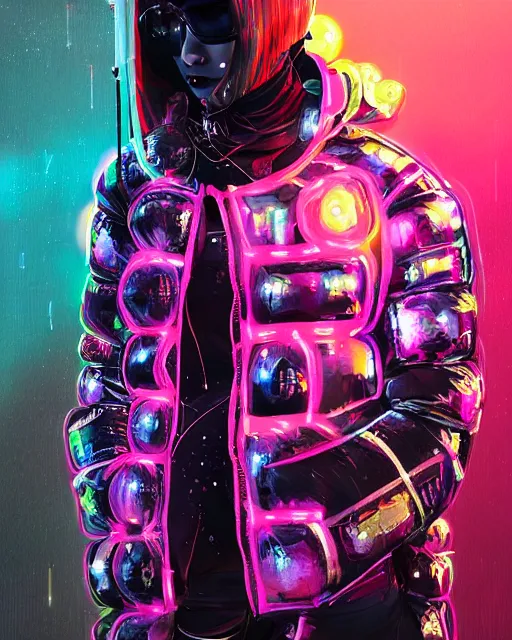 Image similar to detailed portrait Neon Operator Girl, cyberpunk futuristic neon, reflective puffer jacket, black leggings, decorated with traditional Japanese ornaments by Ismail inceoglu dragan bibin hans thoma !dream detailed portrait Neon Operator Girl, cyberpunk futuristic neon, reflective puffy coat, decorated with traditional Japanese ornaments by Ismail inceoglu dragan bibin hans thoma greg rutkowski Alexandros Pyromallis Nekro Rene Maritte Illustrated, Perfect face, fine details, realistic shaded, fine-face, pretty face