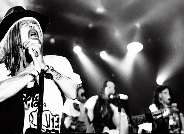 Image similar to polaroid movie still of kid rock crying during a concert in woketown