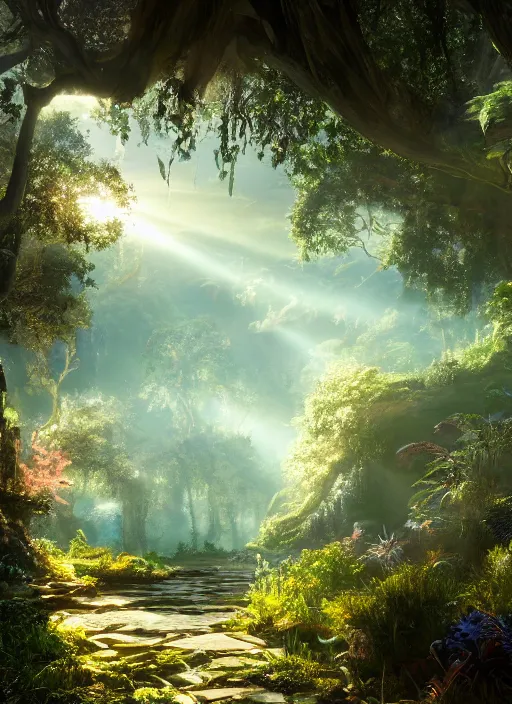 Image similar to beauteous sumptuous, with incredible indirect soft cinematic lighting, garden of eden, crystalline masterpiece incrustations, hyperdetailed features, movie still, intricate, octane render, cinematic forest lighting, unreal engine, crepuscular rays, god rays