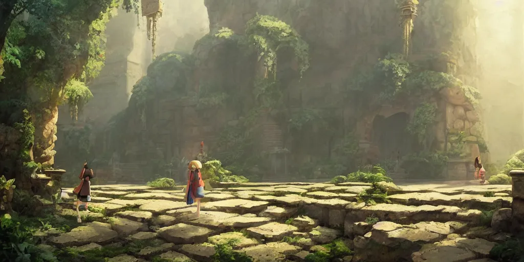 Image similar to a film still ancient hidden temple interior, discovery, adventure, medium shot, waist up, studio ghibli, pixar and disney animation, sharp, rendered in unreal engine 5, anime key art by greg rutkowski, bloom, dramatic lighting