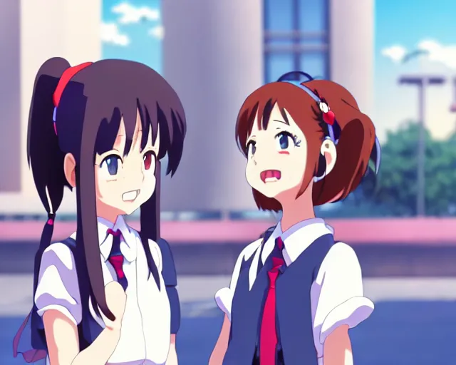 Image similar to anime fine details portrait of joyful school girl talk with robot, city landscape on the background deep bokeh, profile close-up view, anime masterpiece by Studio Ghibli. 8k, sharp high quality anime