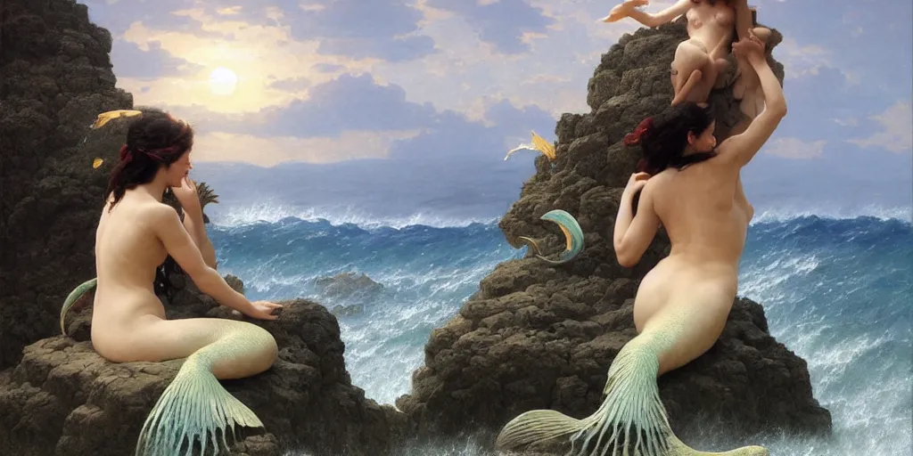 Image similar to ! dream long shot of big sun rough sea and jagged rocks with a beautiful mermaid sits on a rock surrouded by nets, plastic bottles, garbage, sand and sea, golden hour, fantasy, hyper realistic, art by artgerm and greg rutkowski and william - adolphe bouguereau