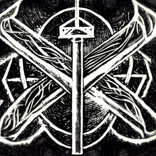 Image similar to magic sword iconography old occult runes intaglio etching engraving alchemy ink witchcraft