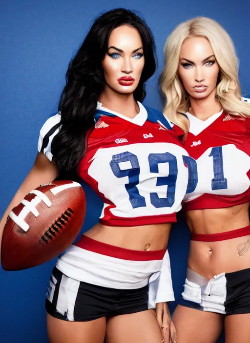 Image similar to portrait of lindsey pelas and megan fox wearing football jerseys, by charlotte grimm, studio light, detailed face, canon eos c 3 0 0, ƒ 1. 8, 3 5 mm, 8 k, medium - format print, half body shot