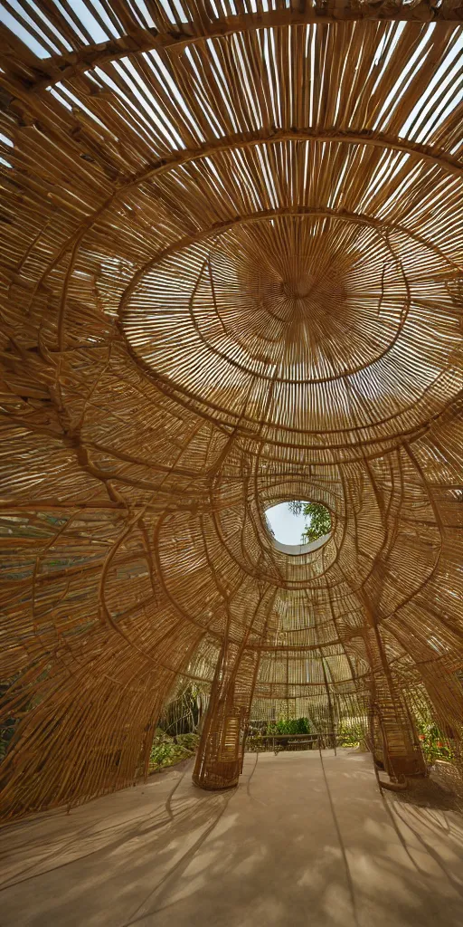 Prompt: inside small pavilion made of bifurcated bamboo. complex curved intersecting vaulted structure. bundled columns branching recursively into roof. futuristic hydroponic garden, concrete floor. architectural photography. 4 k, 8 k. volumetric lighting.