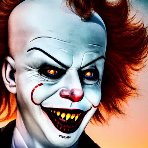 Image similar to Elon Musk as pennywise from the movie IT, grungy, unkept hair, glowing eyes, modelsociety, radiant skin, huge anime eyes, RTX on, perfect face, directed gaze, intricate, Sony a7R IV, symmetric balance, polarizing filter, Photolab, Lightroom, 4K, Dolby Vision, Photography Award