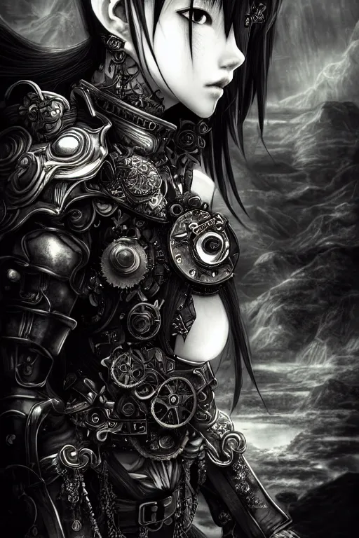 Image similar to a vertical portrait of a character in a scenic environment by Yoshitaka Amano, black and white, dreamy, steampunk armor, black hair, highly detailed