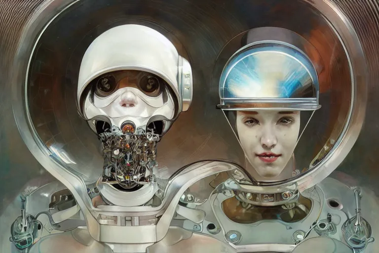 Prompt: portrait of a biomechanical head inside a futuristic space helmet, vintage transistors, white metal, iridescent visor, distant memories, art by Ruan Jia and artgerm and Alphonse Mucha,