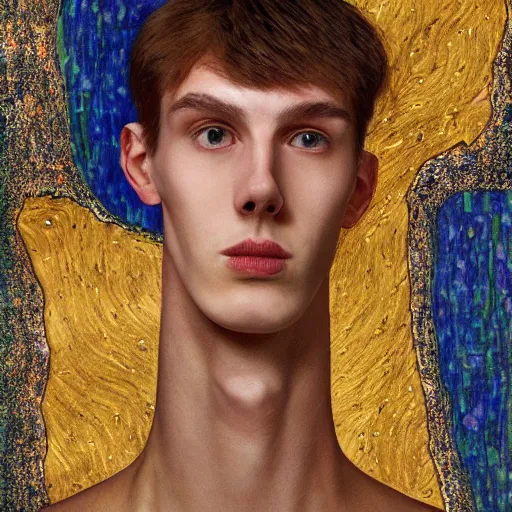 Image similar to a long shot portrait of tall, slender 20 year old man with golden scars, sci-fi, digital art, klimt, kintsugi, sharp-jaw, long brown hair, long-arms