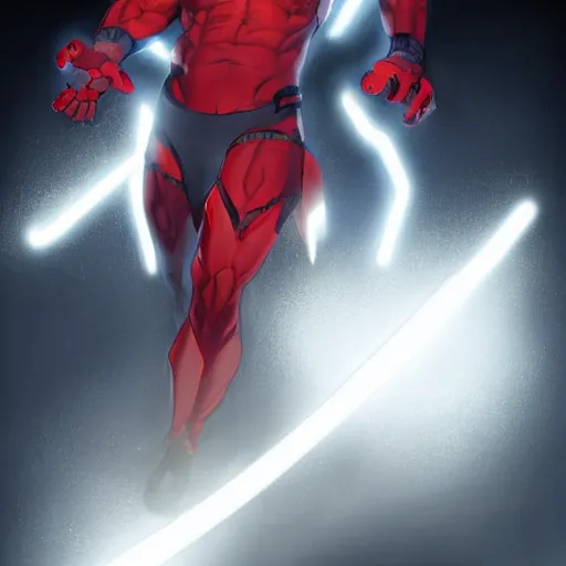 Image similar to a dark skinned, electricity themed superhero with white hair and red eyes. Drawn by Geoffroy Thoorens. Raphael Lacoste. Kuvshinov ilya