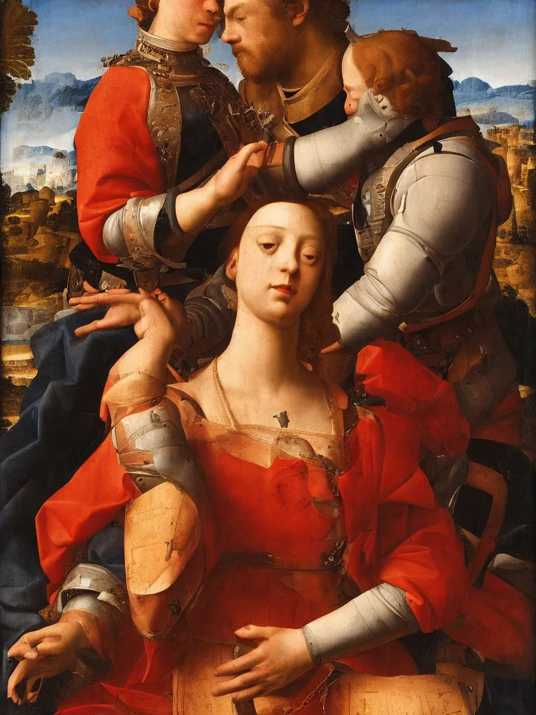 Image similar to a soldier lays his hand on top of the queens head, renaissance portrait, intimate, relaxed posture, high definition, dimly lit, private moment