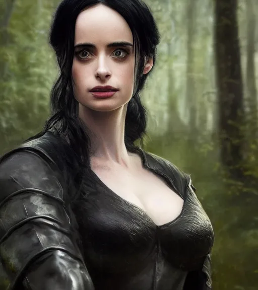 Image similar to 5 5 mm close up portrait photo of krysten ritter as yennefer of vengerberg in black leather armor and black hair, in a forest. magical atmosphere. art by greg rutkowski. lifelike. very detailed 8 k. intricate. soft light. nikon d 8 5 0.