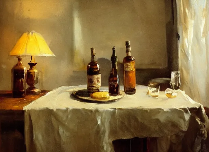 Prompt: oil painting of whiskey bottle, barley grain, art by anders zorn, wonderful masterpiece by greg rutkowski, beautiful cinematic light, american romanticism by greg manchess, creation by tyler edlin, folds of fabric, tablecloth, curtains, shiny oak table, polished wood