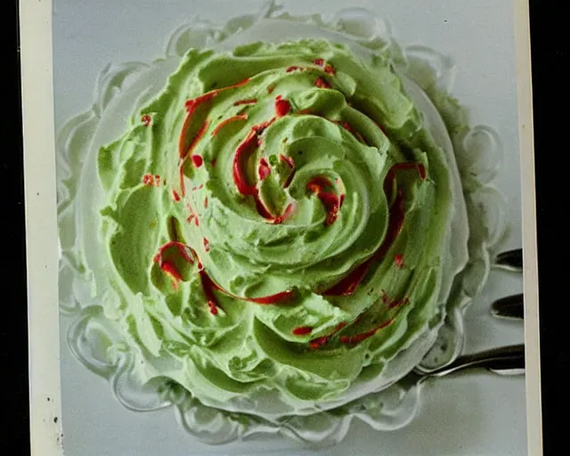 Image similar to 1970's cookbook color photograph of green ambrosia salad whipped cream sharp detail high detail