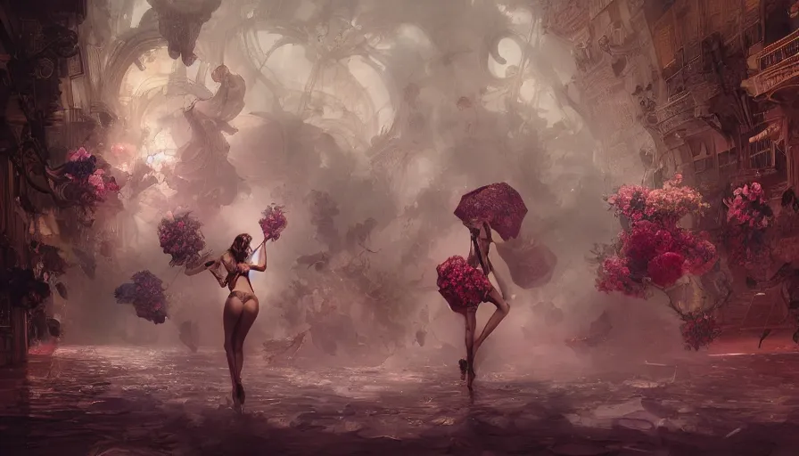 Image similar to victoria secret runway show, light, shadows, reflections, flowers, epic composition, intricate, elegant, volumetric lighting, digital painting, highly detailed, artstation, sharp focus, illustration, concept art, ruan jia, james jean, peter mohrbacher, steve mccurry, raymond swanland, peter andrew jones, greg rutkowski, concept art, iconic