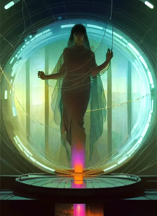 Prompt: high depth, collective civilization database, calm, healing, resting, life, hybrids, scifi, glowing lights!!, published concept art, mixed medias, image overlays, sharp focus, thin glowing wires, winning illustration, art by greg rutkowski and alphonse mucha, singularity!!!, 3 6 0 projection