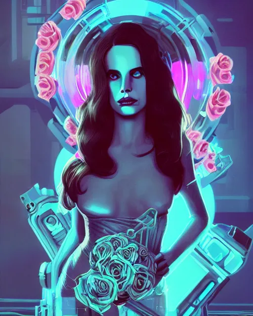 Image similar to portrait of lana del rey as a cyberpunk cyborg. sci - fi intricate abstract upper body intricate artwork, roses, rose petals by tooth wu, wlop, beeple, dan mumford. concept art, octane render, trending on artstation, greg rutkowski, asymmetrical, cinematic arthouse, key art, hyper realism, iridescent accents